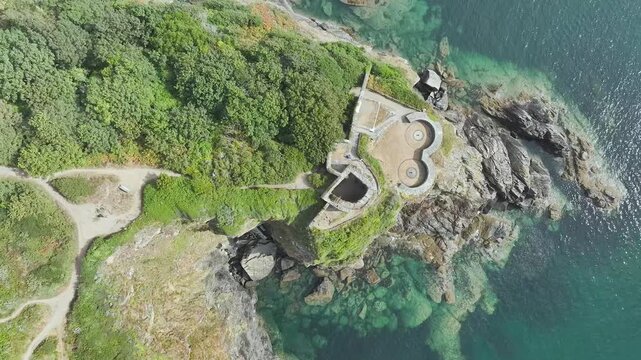 Top Down view of St Catherine's Castle over River Fowey from a drone, Fowey, Cornwall, England