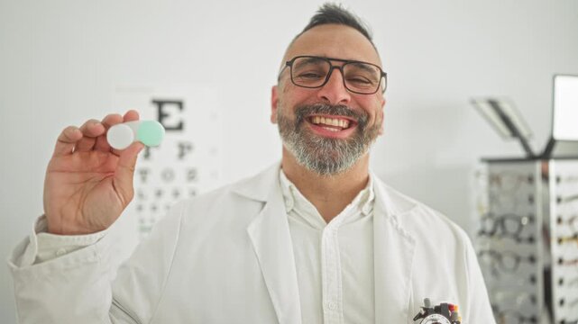 Middle age man in white coat holding contact lens case with fingers visible, smiling and wearing glasses in clinic building; vision care friendly.