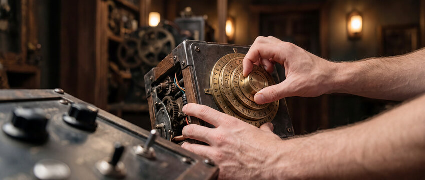 Hands manipulating vintage combination safe dial on antique mechanical puzzle box in workshop