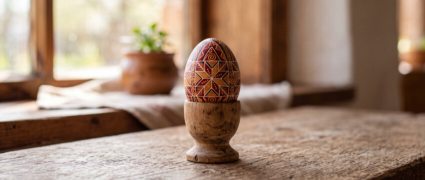 Hand-painted pysanka easter egg in wooden holder on rustic table by window