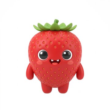 Cute 3D cartoon strawberry character with happy smiling face and big eyes isolated on white background for food marketing