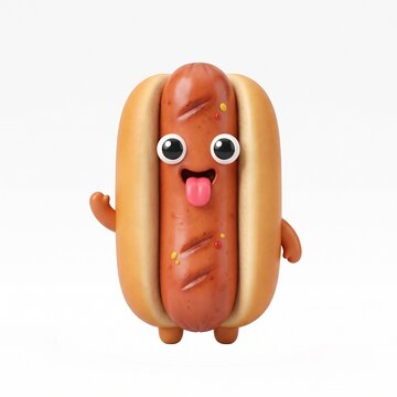 Adorable 3D cartoon hot dog character with happy face, big eyes, and tongue sticking out, isolated on white background.