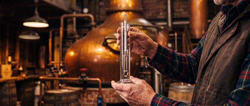 Experienced distiller measuring alcohol content with hydrometer in rustic copper stillhouse distillery