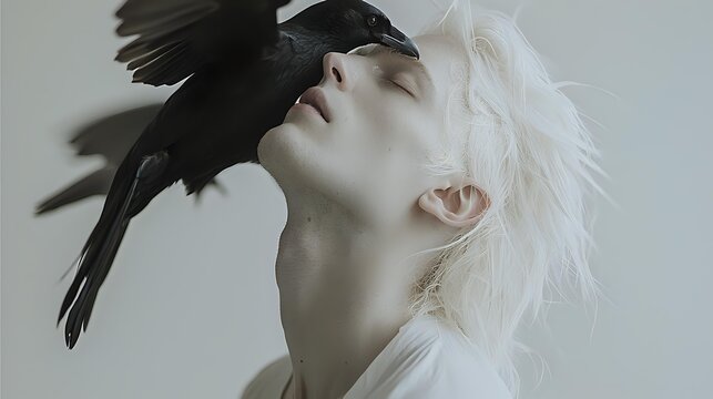 Young male with pale complexion and white blonde hair interacting