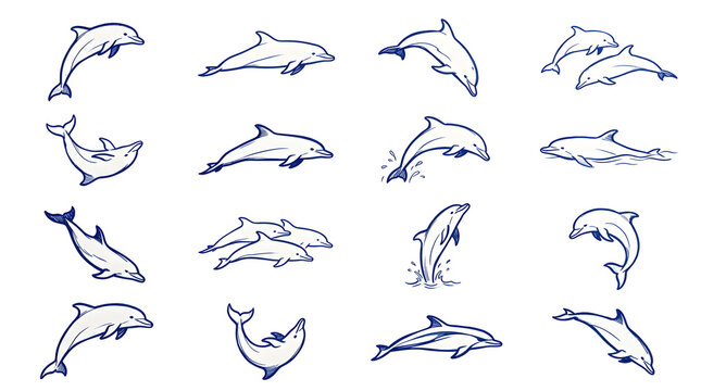Hand-drawn dolphin illustrations in dynamic poses on transparent background for design projects