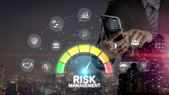Professional businessman analyzing advanced risk management strategies using modern technology in a dynamic urban environment with financial graphics Sigmoid