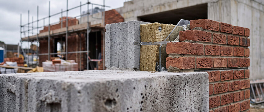 Construction site brick wall with insulation and concrete blocks at residential building project