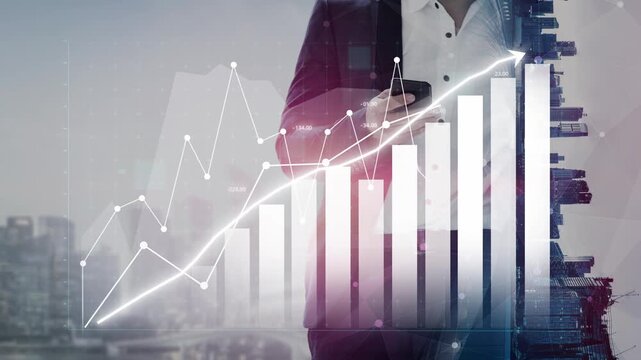 A business professional stands in a modern city, analyzing financial trends on a smartphone. The image features growth graphs, representing data-driven decision-making in business. Copula