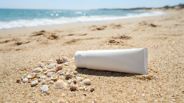 White sunscreen bottle lying on sandy beach with ocean waves