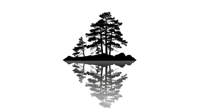 Minimalist silhouette of pine trees on island reflected in calm water, isolated on white.