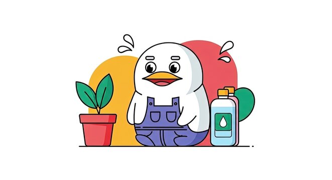 Cute cartoon duck in overalls, anxious about watering a small plant with fertilizer bottles nearby, flat design with simple outline and vibrant colors.