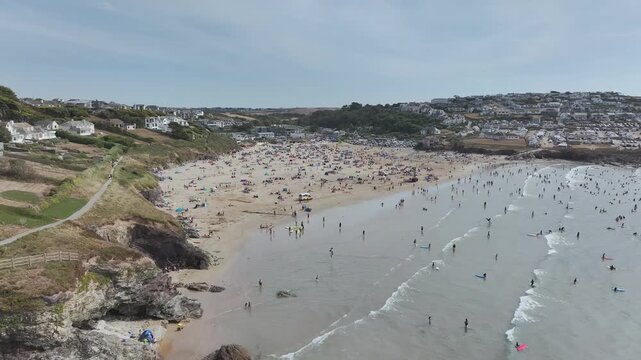 Polzeath Beach over Padstow Bay from a drone, Polzeath, Cornwall, England, Summer 2026
