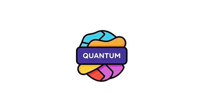 Modern Quantum Logo with Abstract Colorful Shapes and Text Badge