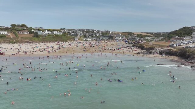 Polzeath Beach over Padstow Bay from a drone, Polzeath, Cornwall, England, Summer 2026