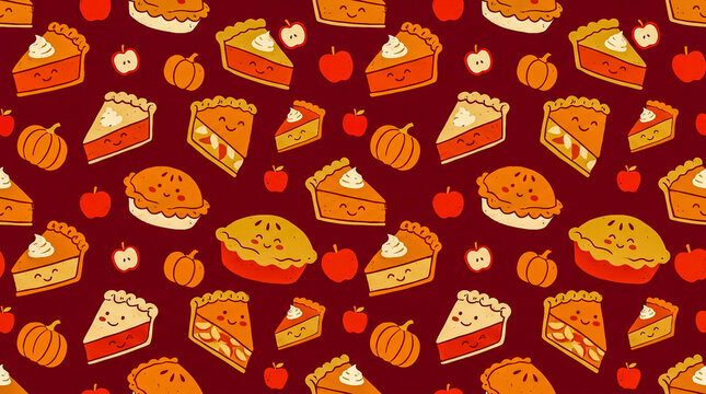 playful slices of pumpkin and apple pie repeating on a solid deep maroon background