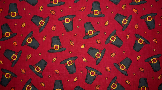 whimsical pattern of repeating dark pilgrim hats with buckles on a solid festive red background