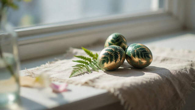 : Three decorative green and gold Easter eggs resting on a windowsill beside a fern leaf, bathed in soft natural light.