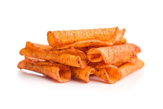 Spicy Rolled Corn Chips Stack Closeup On White Background For Snack Food Advertising