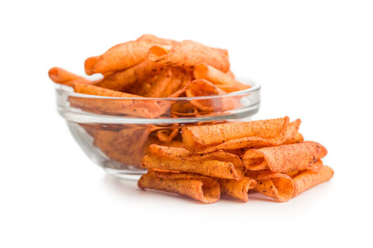 Spicy Rolled Tortilla Chips Snack Bowl With Seasoning On White Background