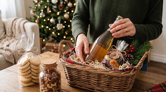 Person Arranging Christmas Gift Basket with Holiday Decorations