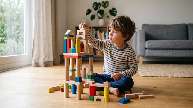 Young child playing with colorful building blocks at home