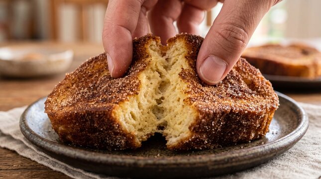 Hands pulling apart a golden-brown fried bread snack with soft interior