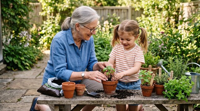 Grandmother Teaching Grandchild Gardening in Backyard
