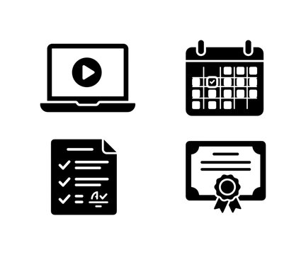 Online Teaching Essentials, solid glyph icon set featuring video lesson, laptop, textbook, course calendar, exam paper, teacher board, certificate, covering online teaching, distance learning,