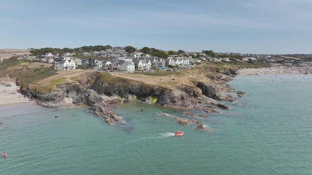 Polzeath Beach over Padstow Bay from a drone, Polzeath, Cornwall, England, Summer 2026