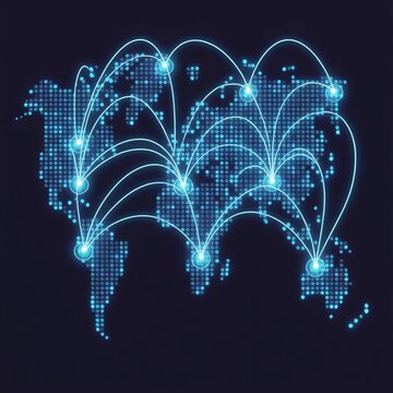 Digital world map with glowing network connection points animation