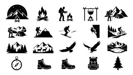 Fototapeta premium Camping and Hiking Outdoor Adventure Icons Set