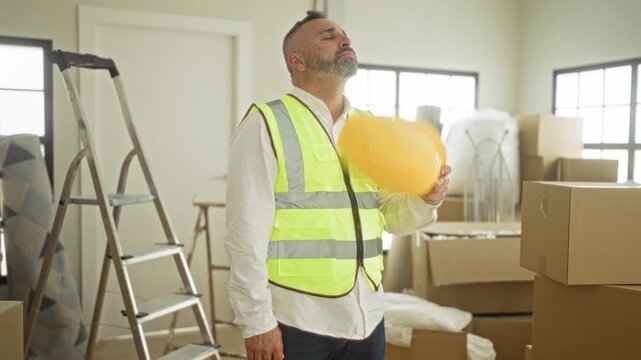 Man holding yellow hardhat and wearing reflective vest in a building under renovation surrounded by stacked boxes, a ladder and packed furniture; fatigue.