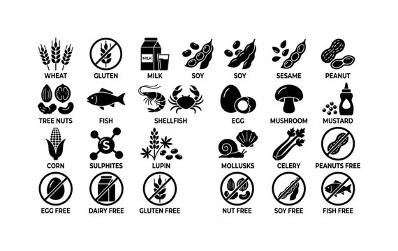 Food Allergen Symbols, solid glyph icon set featuring wheat, milk, soy, sesame, peanut, fish, shellfish, egg, mushroom, mustard, covering food allergies, intolerance, gluten-free diets, nutrition