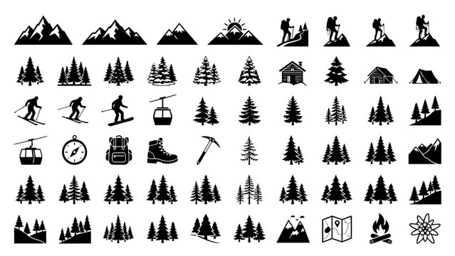 Mountain hiking and outdoor adventure icons set