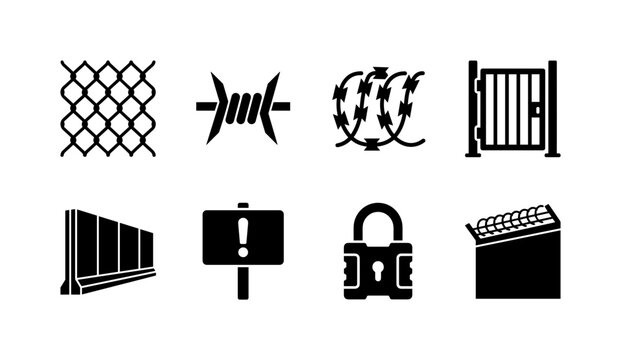 Security Fence Elements, solid glyph icon set featuring chain-link fence, barbed wire, razor wire, security gate, wall, warning sign, lock and prison barrier, covering perimeter security, prisons,