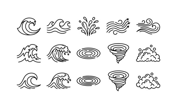 Marine Wave Symbols, line icon set featuring curling wave, ocean swell, water splash, tidal stream, breeze swirl, storm wave, surf crest, ripple, whirlpool and sea foam, covering marine design,