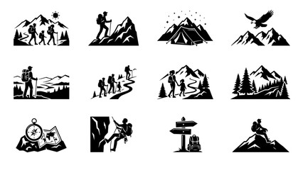 Fototapeta premium Set of black and white hiking and mountain trekking icons