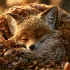 Naklejka premium A fox character is curled up in a bed of leaves, napping quietly during the day. Its fur blends with the surrounding reddish leaves.