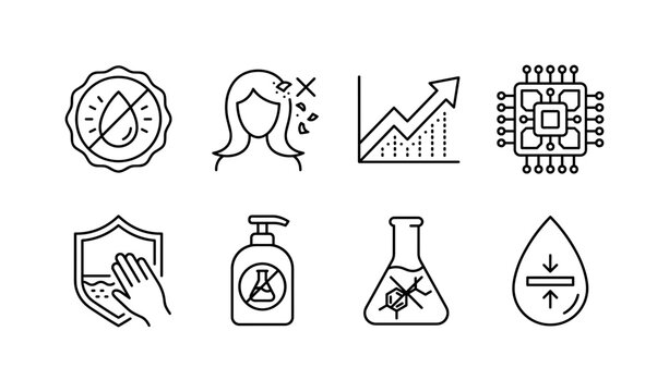 Cosmetic Safety Labels, line icon set featuring artificial-color-free badge, anti-dandruff symbol, interest chart, AI chip, dermatology shield, alcohol-free bottle, paraben formula and neutral pH