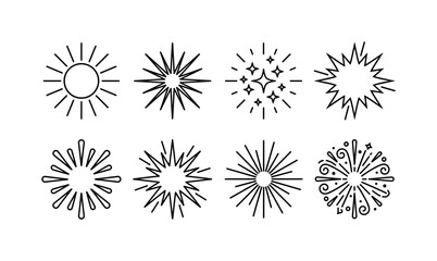 Obraz premium Surprise Ray Symbols, line icon set featuring sunshine ray, starburst, sparkle, comic burst, playful ray, pop emphasis, radial flash, covering comics, celebrations, manga, children’s graphics,