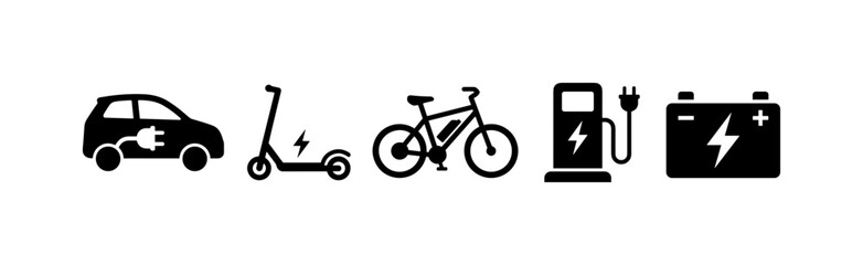 Fototapeta premium Electric Mobility Collection, solid glyph icon set featuring electric car, scooter, bicycle, hoverboard, charging station, battery, eco leaf and road pin, covering electric transport, sustainable
