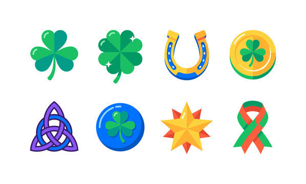 Lucky Clover Collection, bright flat vector icon set featuring three-leaf clover, four-leaf clover, horseshoe, lucky coin, Celtic knot, shamrock badge, prosperity star and Irish celebration ribbon,