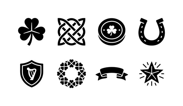 Saint Patrick Emblems, solid glyph icon set featuring shamrock, Celtic knot, lucky coin, horseshoe, Irish badge, clover wreath, holiday ribbon and celebration star, covering St. Patrick&rsquo;s Day,