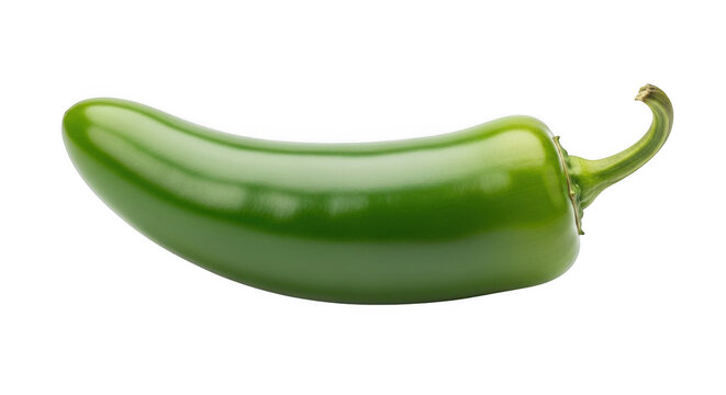 Single green jalapeno pepper with stem during studio lighting against isolated on transparent background