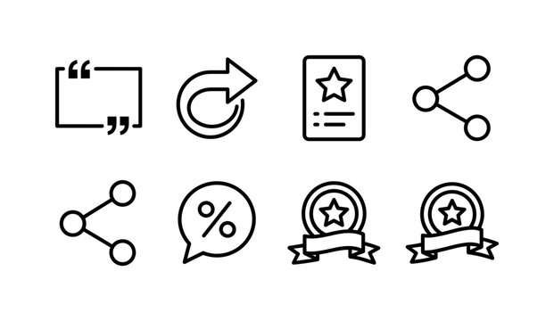 Referral Program Tools, line icon set featuring quote frame, referral arrow, recommendation card, share button, offer bubble, client badge and promotion banner, covering refer-a-friend campaigns,
