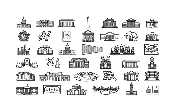 Washington Landmark Symbols, line icon set featuring Capitol dome, White House, Lincoln Memorial, Pentagon badge, cherry blossom, metro sign, city monument, travel postcard icon, covering Washington