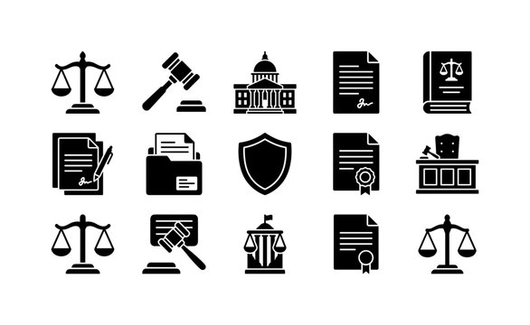 Law Justice Court, solid glyph icon set featuring justice scales, gavel, courthouse, legal petition, law book, contract, evidence folder, shield, ruling document and judge bench, covering legal
