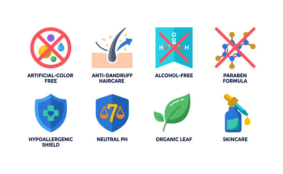 Cosmetic Safety Claims, bright flat vector icon set featuring artificial-color-free badge, anti-dandruff symbol, alcohol-free label, paraben formula icon, hypoallergenic shield, neutral pH badge,