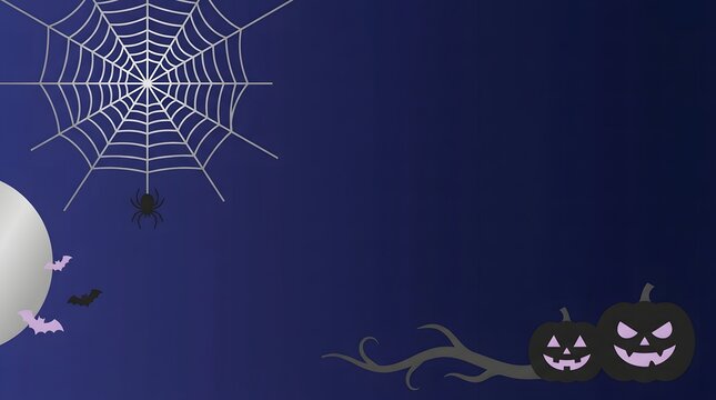 Spooky halloween background featuring a glowing moon spider web and scary jack o lanterns at night
