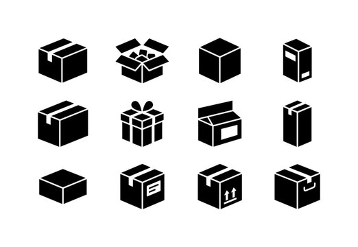 Cardboard Packaging Boxes, solid glyph icon set featuring closed cartons, open boxes, cube packages, medicine cartons, shipping containers, gift boxes, product packs, vertical boxes, square boxes and